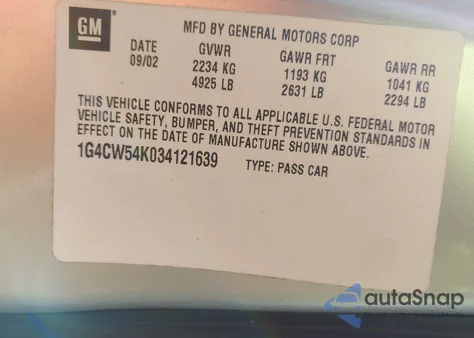 2003 Buick Park Avenue from USA, damaged, VIN 1G4CW54K034121639